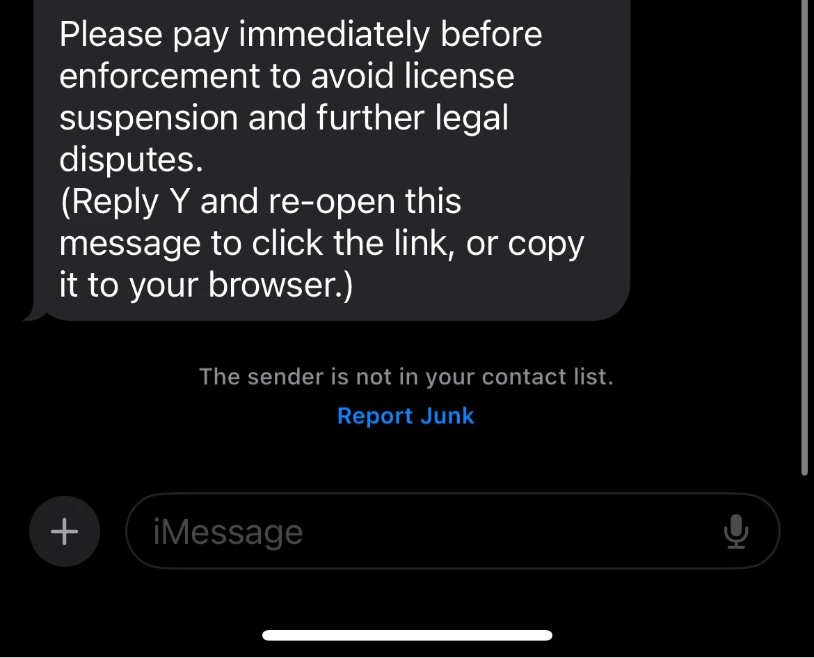 Phone showing suspicious text message
